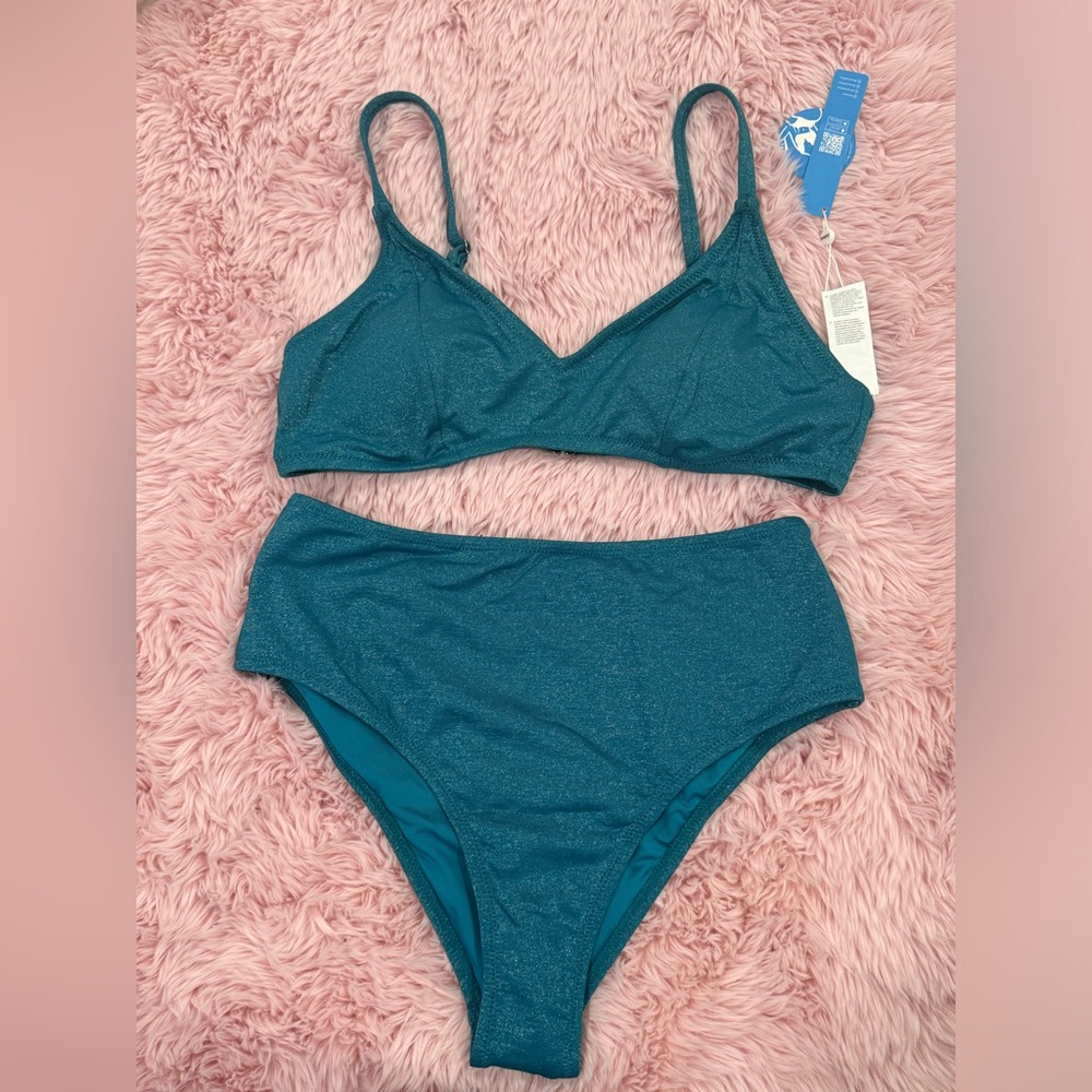 CUPSHE SWIMSUIT BIKINI SET SIZE SMALL MEDIUM TEAL SPARKLY HIGH WAISTED PADDED - Picture 4 of 8